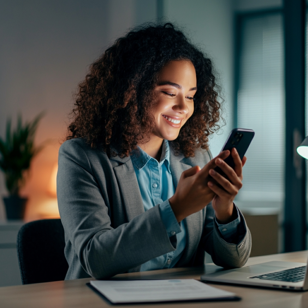 Uma mulher segurando em suas mãos e  olhando para o celular sorridente, o celular ilumina o seu rosto